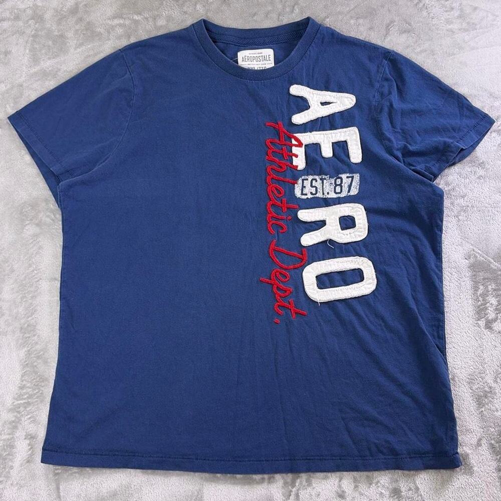 Y2K Aeropostale Shirt Mens XXL Blue Embroidered Aero 87 Logo Cotton Tee